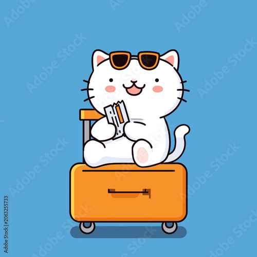 Cute White Cat Wearing Sunglasses Sitting on Suitcase.