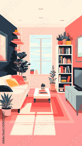 Modern Living Room Interior with Cozy Decor and Bright Colors.