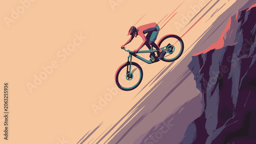 Cyclist Performing Jump on Mountain Bike on Steep Slope.