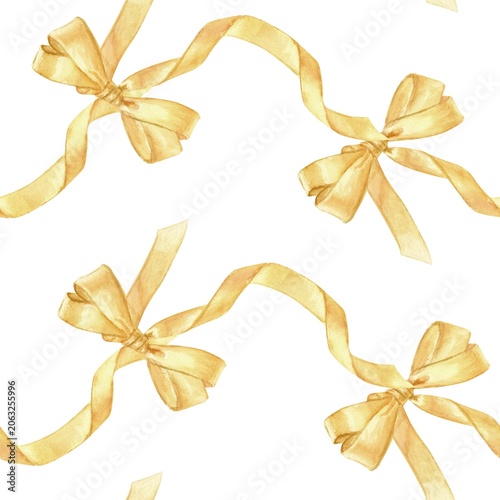 A seamless pattern of yellow satin bows, hand-drawn in watercolor on an isolated background. Bright clip art for decorating textiles, wrapping paper, wallpaper, holidays, and gifts