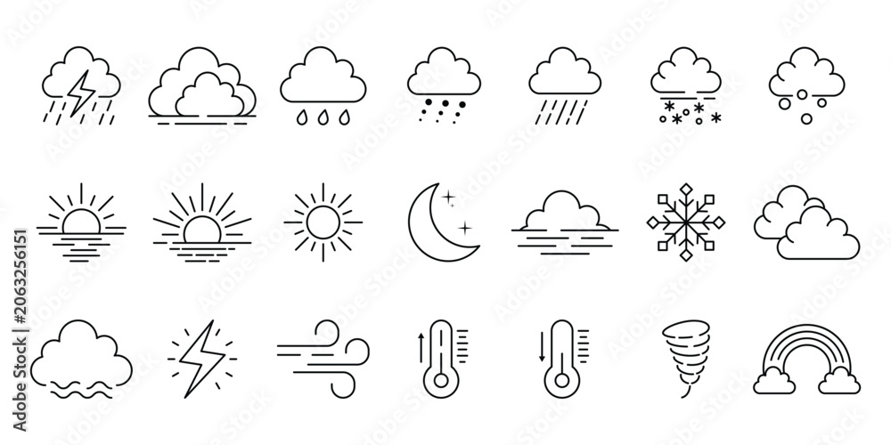Obraz premium Weather icons collection in outline, including sun, clouds, rain, snow, wind, and temperature symbols. weather icons representing different atmospheric conditions.