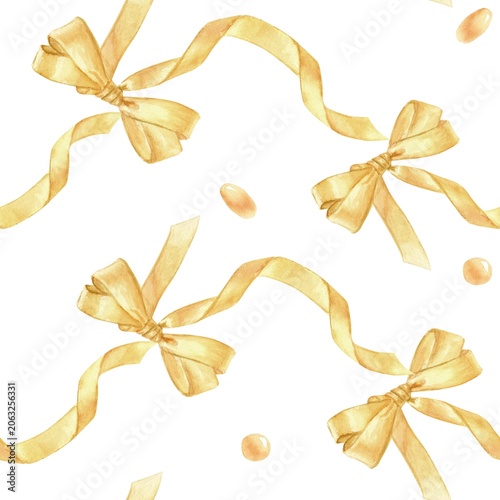 A seamless pattern with yellow satin bows and beads, hand-painted in watercolor on an isolated background. A vibrant clip art for decorating textiles, scrapbooking paper, wallpaper, and holidays