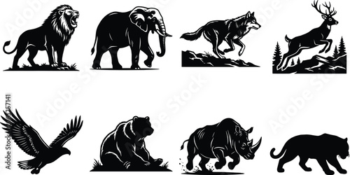 Foto Black and white vector silhouette collection of wild animals including lion elep
