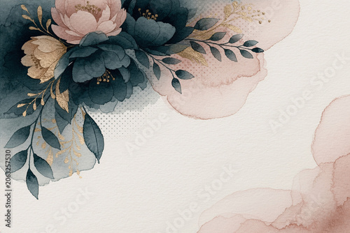 Midnight Floral Watercolor Risograph Wedding Background, Teal Gold Blush.