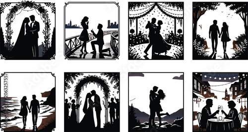 Quadro su tela Romantic couple silhouette illustrations collection featuring wedding ceremony m