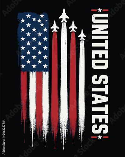 United States Patriotic Brush Stroke Flag with Vertical Typography and Modern Independence Day Design
