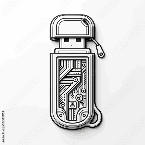 USB drive with exposed circuitry, data storage concept illustration