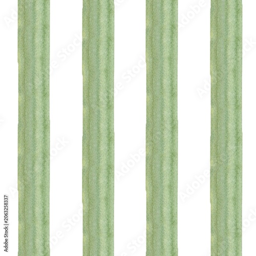 A seamless pattern with green and white vertical stripes, hand-painted in watercolor. A vibrant clip art for decorating textiles, scrapbooking paper, wallpaper, and interiors.