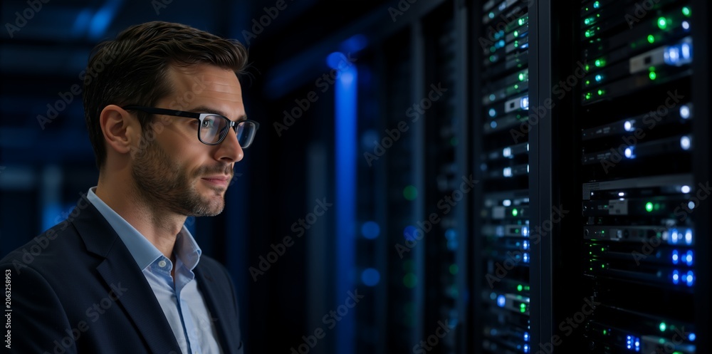 Fototapeta premium IT specialist monitoring server racks in a data center. Professional system administrator in a dark server room with glowing lights. Network security and cloud computing concept