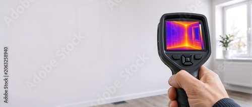 Hand holding thermal imaging camera for home energy audit. Infrared heat map showing temperature variations in a room. Building inspection and diagnostic technology concept
