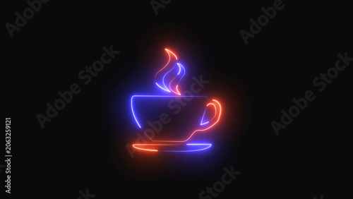 Glowing neon coffee cup icon with steam made of vibrant red and blue light lines on a dark black background representing a hot drink or morning beverage concept