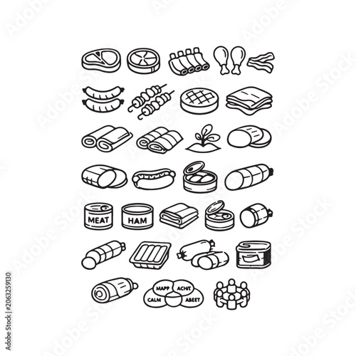 Premium Hand Drawn Doodle Food Icons Set Vector Illustration, Fast Food Breakfast Lunch Dinner Snacks Collection, Outline Line Art Restaurant Menu Elements, Bakery Meat Seafood Dessert Beverage Clipar