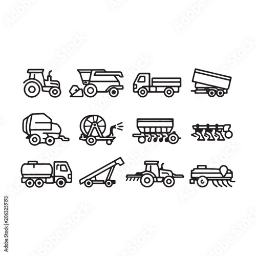 Industrial Heavy Machinery, Construction Equipment, and Logistics Transport Icon Set for Infrastructure Development and Engineering Projects.