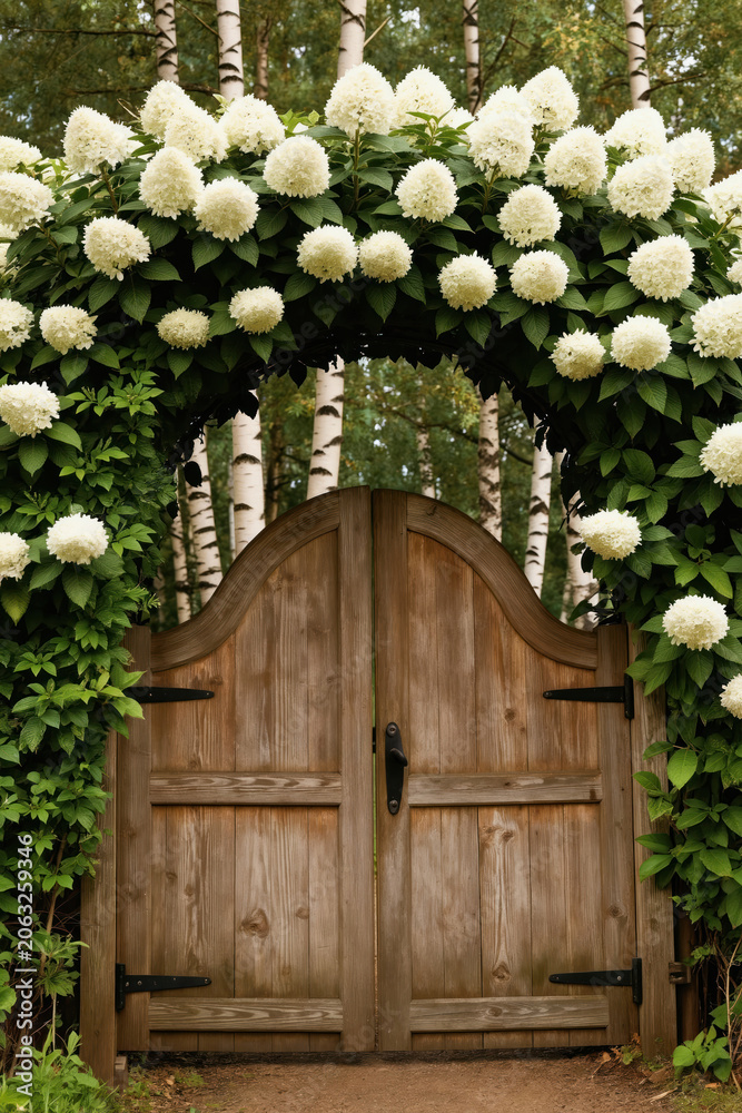 Naklejka premium Rustic wooden double gate framed by white hydrangeas and green leaves. Birch trees stand behind leafy archway. Entrance to secret garden, fairytale estate or backyard.
