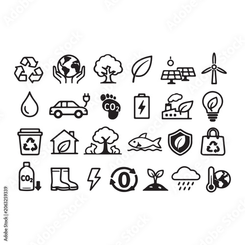 Set of Thin Line Icons Related to Environment, Sustainability, Ecology, Renewable Energy, Green Technology, and Recycling Concepts.