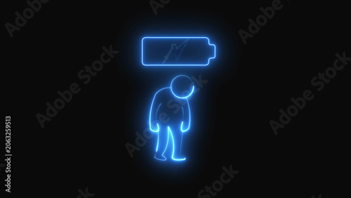 Tired person with low energy battery icon glowing in neon blue light on a dark background showing exhaustion fatigue and lack of power for work or daily life concept