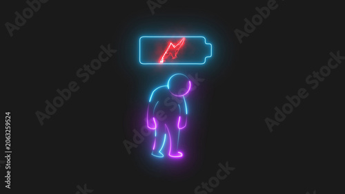 Obraz na plátně Tired person standing under a neon glowing low battery icon representing burnout