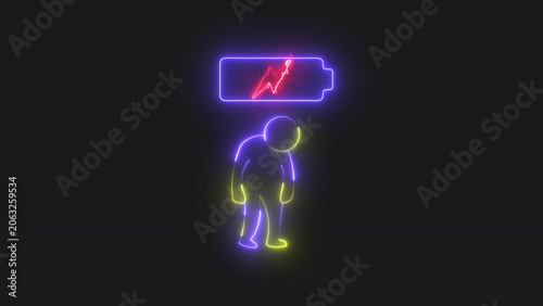 Fotografie Tired person with a low battery symbol shining in neon light representing exhaus