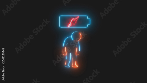 Neon glowing icon of a tired person with low battery symbol representing burnout and exhaustion on a dark background