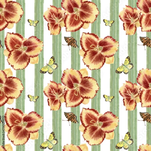 A seamless pattern featuring vibrant daylily flowers and butterflies on a background with green and white vertical stripes, hand-painted in watercolor. A summer illustration for decor and design