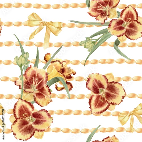 A seamless pattern featuring vibrant daylily flowers with yellow beads and bows on white background, hand-painted in watercolor. A summery illustration for decorating fabrics, wallpaper and packaging