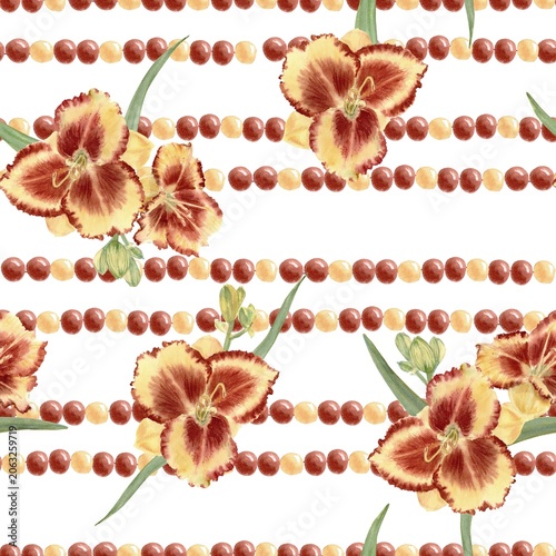 A seamless pattern featuring vibrant daylily flowers and yellow and burgundy beads on a white background, hand-painted in watercolor. Illustration for decorating fabrics, wallpaper, and packaging