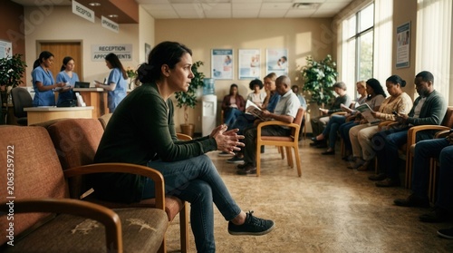 Diverse Patients Wait In A Clean Medical Clinic Waiting Room For Their Appointments