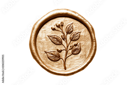 Gold metallic wax seal stamped with detailed botanical branch isolated on transparent background, Clipart png