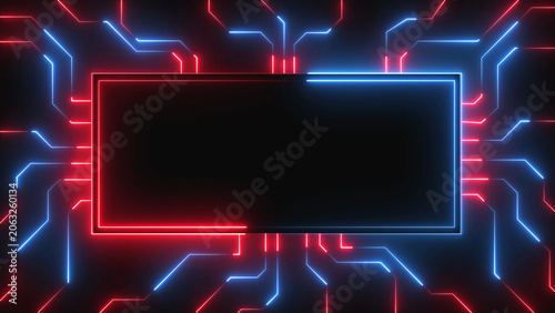 Neon glowing rectangular frame with digital circuit board lines in red and blue colors for technology background