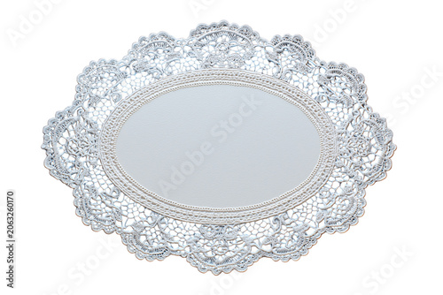 Blank rectangular paper note decorated with an oval white crocheted lace doily isolated on transparent background, Clipart png