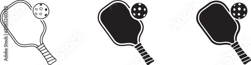 Pickleball racket icon set with balls for sports equipment design.
