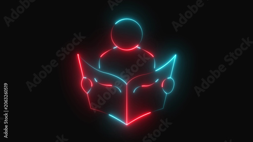 Glowing neon light icon of a person reading an open book for education and learning concepts on a dark background