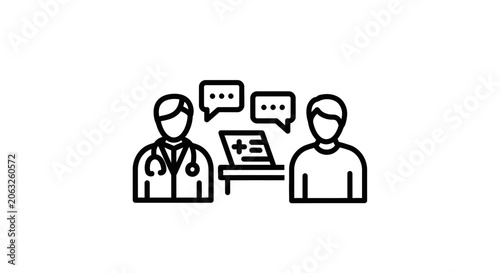 Doctor consulting patient with laptop and speech bubbles, medical consultation icon