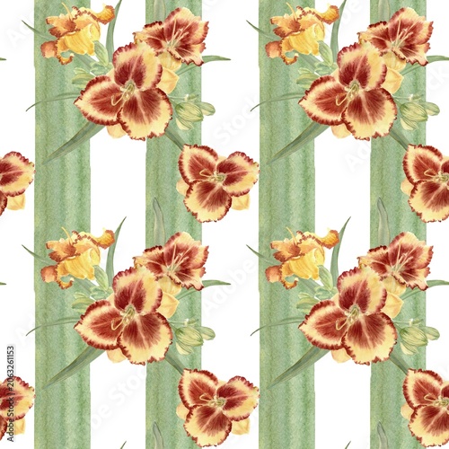 A seamless pattern featuring vibrant daylily flowers on a background with green and white vertical stripes, hand-painted in watercolor. A summer illustration for decor and design