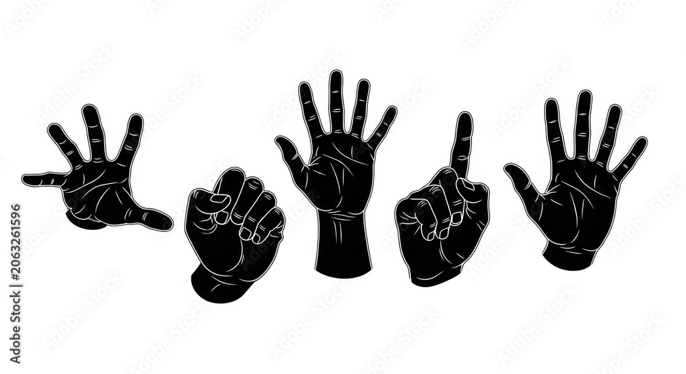 Fototapeta premium Set of black hand silhouettes with various gestures and signs on a white background for communication and design.