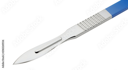 Precision surgical scalpel with blue handle close-up isolated on white background