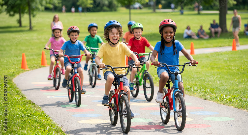 Fototapeta premium Group of happy children riding bikes on a colourful path in a sunny park during kids competition 