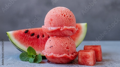 Two scoops of pink watermelon ice cream stacked. Watermelon slices and mint leaves surround the frozen dessert. Cubed fruit pieces sit nearby on grey surface.