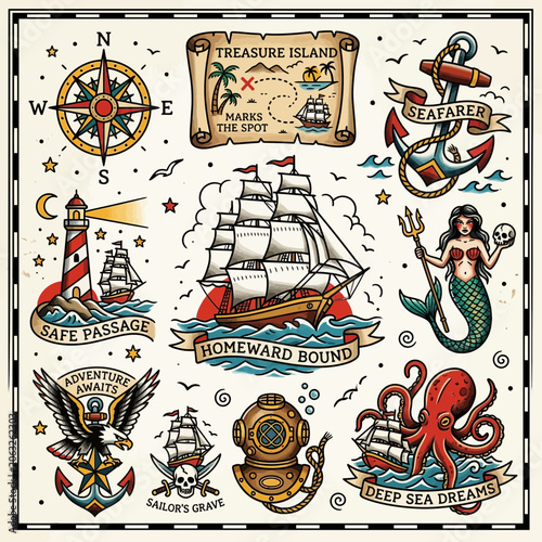 Nautical Tattoo Flash: Ships, Compass, Mermaid, Eagle, Ocean Adventure