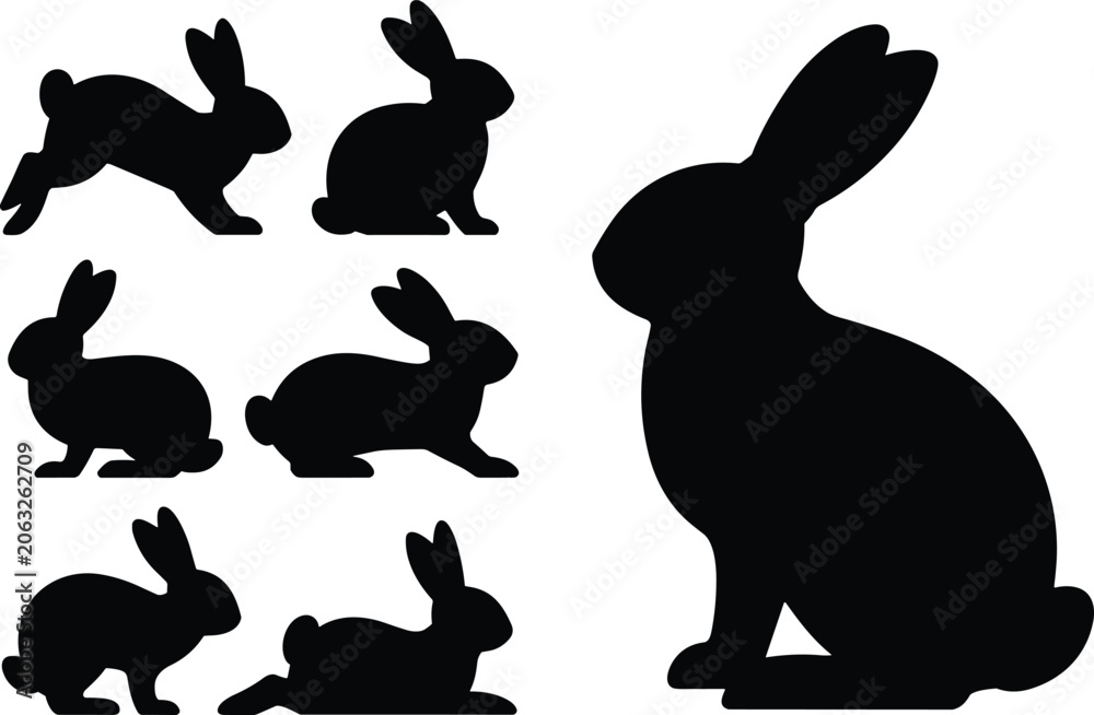 Obraz premium Set of black rabbit silhouette icons featuring bunnies in different poses for nature wildlife and Easter graphic design