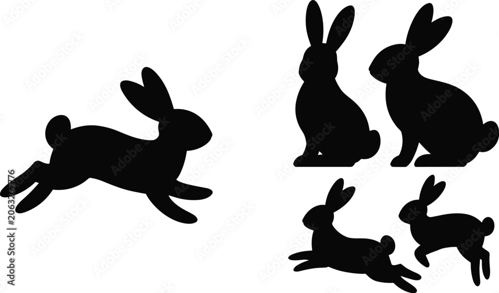 Obraz premium Set of black rabbit silhouettes featuring bunny icons in running jumping and sitting positions for Easter and nature designs