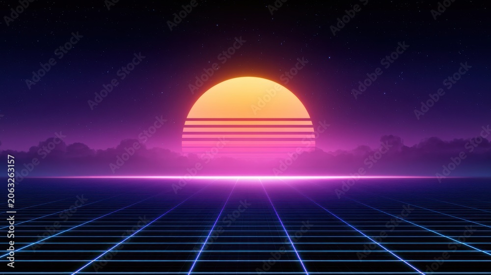 Obraz premium Retro synthwave landscape with glowing sunset grid