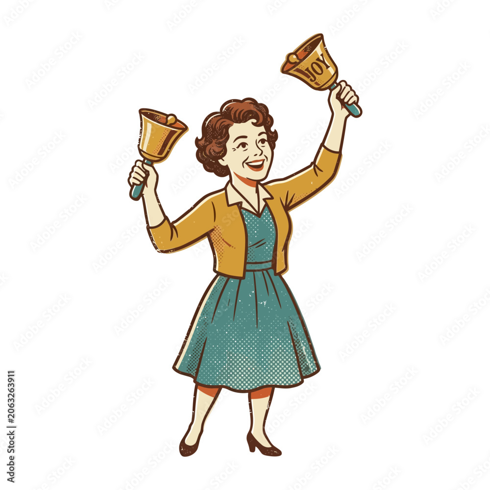 Fototapeta premium Woman ringing bells - Joyful vintage illustration
