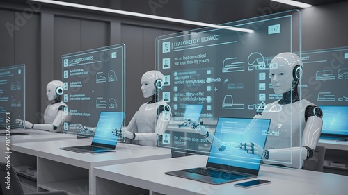 Robotic assistants working in futuristic technology control room with digital screens and data visualization
