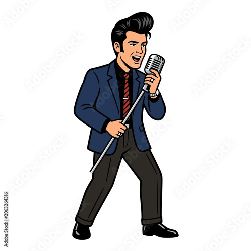 Retro singer with microphone, performing vintage music, isolated