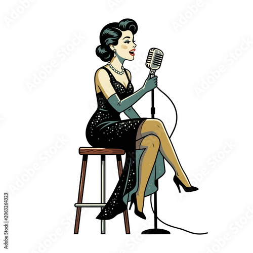Retro singer woman with microphone, singing classic song, vector artwork.