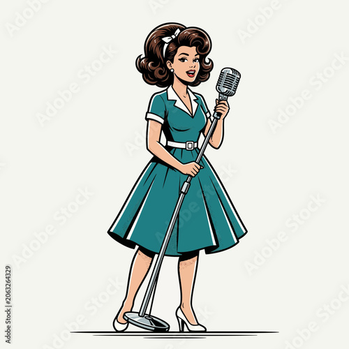 Retro singer woman with vintage microphone, isolated