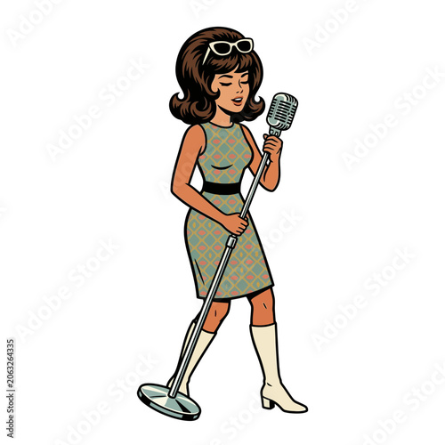 Retro singer woman with vintage microphone, illustration