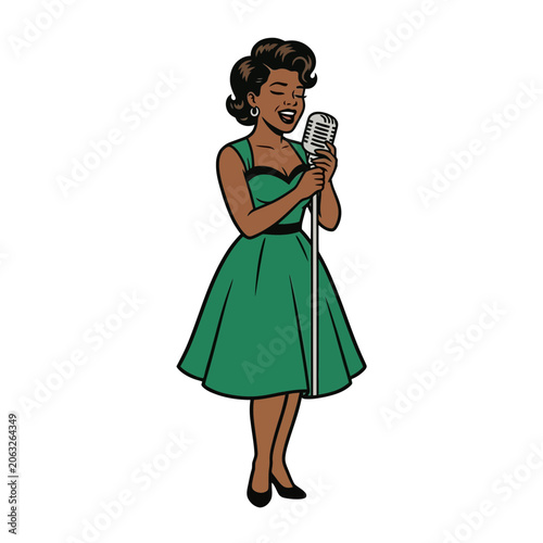 Retro singer woman, performing with vintage microphone.
