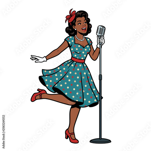 Retro singer woman, vintage style, holding microphone, singing